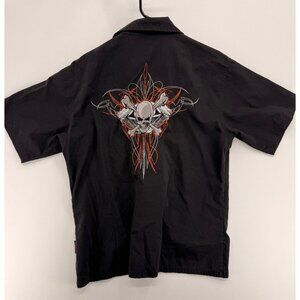 Vtg Dragonfly Roadhouse Mens M Skull & Crossbones Button Shirt Y2K